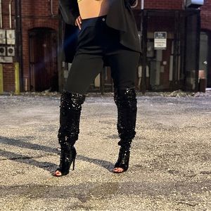 Sequins Over The Knee Boots High Heels Thigh High Open Toe Stiletto Boots